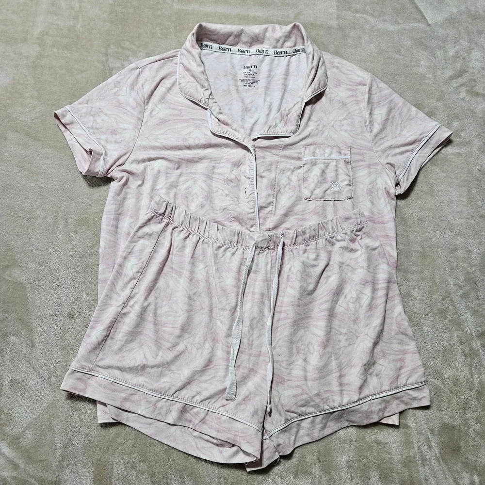 Born Womens Pajama Set XL Pink Marbled Short Sleeve Button Top and Shorts 2 Pc
